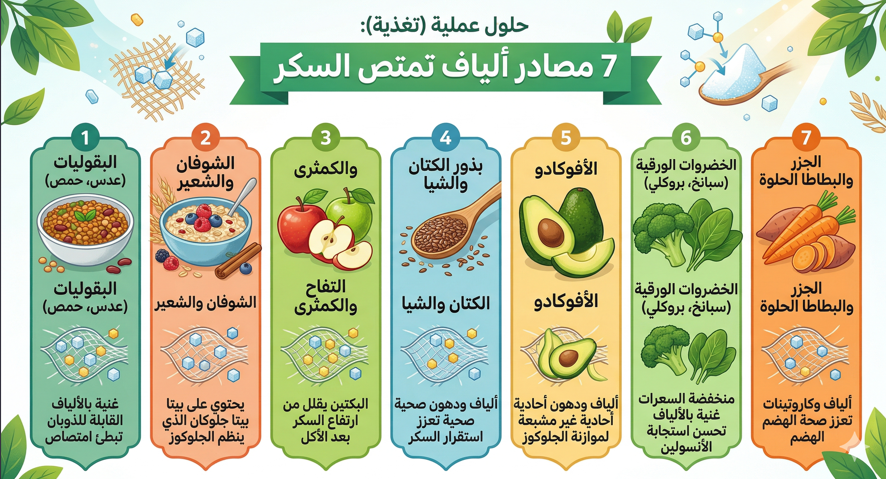 تريد حلولاً عملية بالتغذية لضبط السكر والشهية؟ تعرّف إلى 7 مصادر ألياف “تعمل كإسفنجة” مع أفكار عشاء وسناكات وغداء لمقاومة الإنسولين.