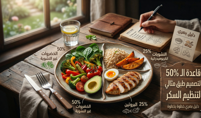 هل تعلم أن طبقك قد يرفع سكر الدم أو يهدّئه خلال ساعتين فقط؟ السر غالباً ليس في “السكر” نفسه، بل في توزيع مكوّنات الوجبة. هنا تأتي قاعدة الـ50%: نصف الطبق خضار غير نشوية، والنصف الآخر يتقاسم البروتين والنشويات الذكية مع لمسة دهون جيدة. إذا كنت تبحث عن جدول غذائي لتنظيم السكر أو عن أفضل نظام غذائي لتنظيم سكر الدم دون تعقيد، فهذه القاعدة هي نقطة البداية التي تصلح للشباب وكبار السن والنساء المصابات بالسكري أو السمنة.
