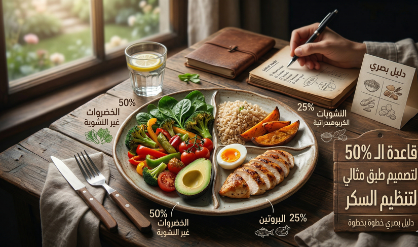 هل تعلم أن طبقك قد يرفع سكر الدم أو يهدّئه خلال ساعتين فقط؟ السر غالباً ليس في “السكر” نفسه، بل في توزيع مكوّنات الوجبة. هنا تأتي قاعدة الـ50%: نصف الطبق خضار غير نشوية، والنصف الآخر يتقاسم البروتين والنشويات الذكية مع لمسة دهون جيدة. إذا كنت تبحث عن جدول غذائي لتنظيم السكر أو عن أفضل نظام غذائي لتنظيم سكر الدم دون تعقيد، فهذه القاعدة هي نقطة البداية التي تصلح للشباب وكبار السن والنساء المصابات بالسكري أو السمنة.