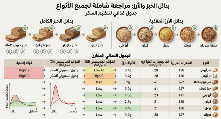اكتشف بدائل الخبز والأرز المناسبة لتنظيم سكر الدم، مع جدول أسبوعي عملي لمرحلة ما قبل السكري ونصائح اختيار ذكية دون حرمان.