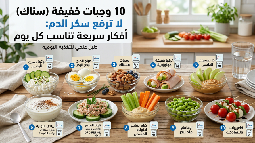 10 وجبات خفيفة مشبعة لا ترفع سكر الدم، مع أفكار لو كارب ووصفات بدون سكر مضاف تناسب السكري وما قبل السكري وجدول أسبوعي عملي.